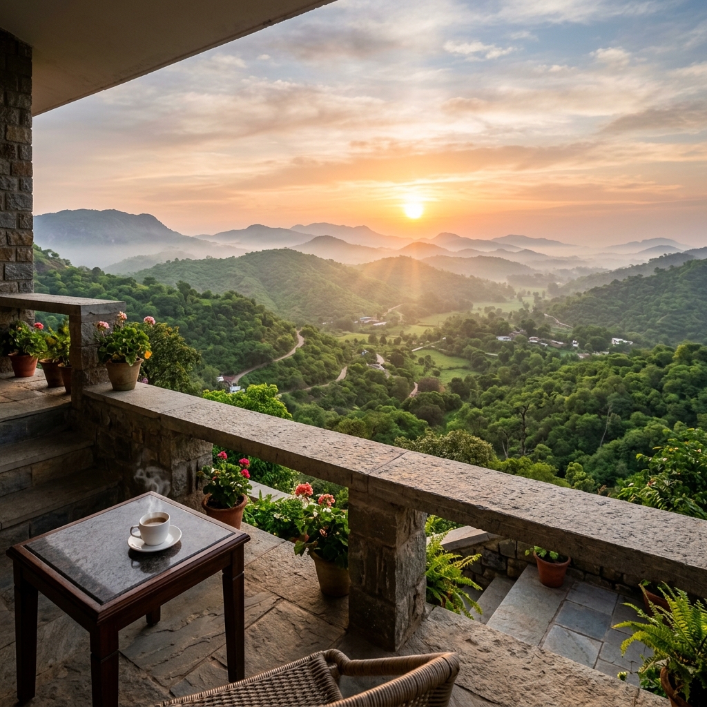 Sunrise valley views from Sky Mount Villa balcony